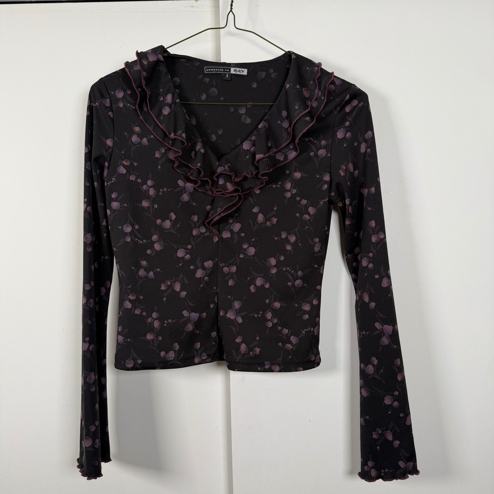 Concerto in Black Floral Ruffle V-Neck Long Sleeve Top Purple Black Size 3